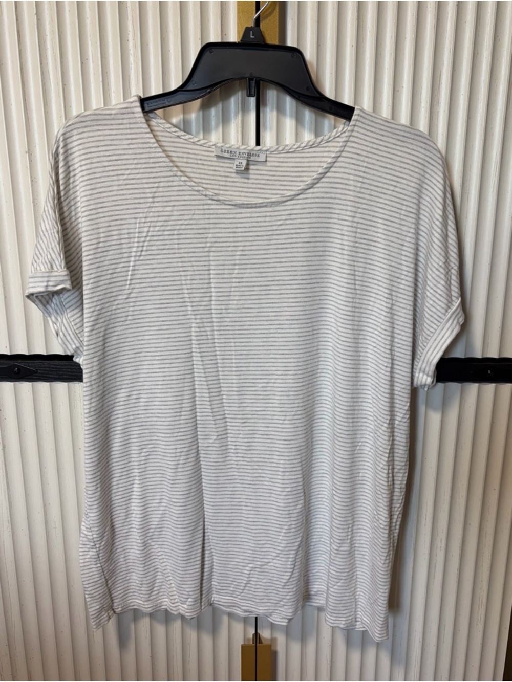 Green Envelope White and Light Gray Striped Short Sleeve Dolman Tee
